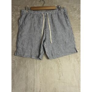 Alex Crane Men's Large Shorts Blue White Stripes Linen Drawstring Elastic